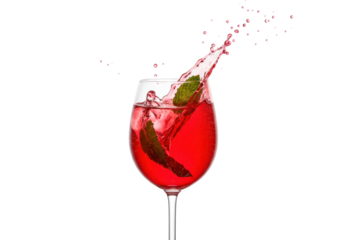 Red cocktail splash with mint leaves in a wine glass isolated on white, refreshing summer drink for party and celebration