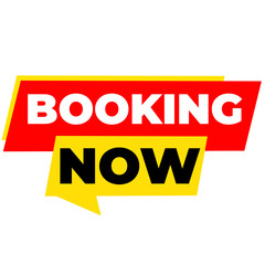 BOOKING Now png, red colour tag, reservation concept label, travel order icon, clean modern design