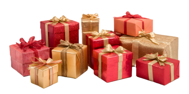 Assortment of decorative christmas baubles and ornaments in blue, teal, and yellow hues, suspended on golden threads against a white backdrop, isolated on transparent background