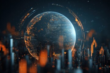 Futuristic digital globe with data streams, abstract cityscape, and glowing lines