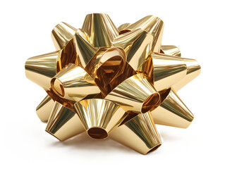 A detailed view of a golden gift bow, isolated on a clean transparent background, showcasing its intricate folds and metallic sheen