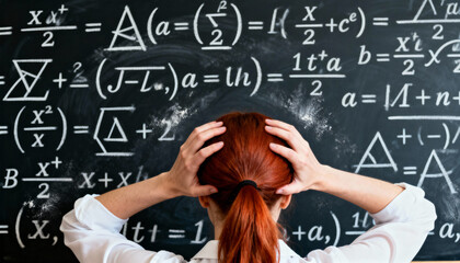 Stressed student with red hair struggling to solve complex mathematical equations on a chalkboard filled with algebraic formulas