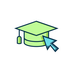 Filled outline Graduation cap with cursor icon isolated on white background. World education symbol. Online learning or e-learning concept. Flat filled outline style with shadow. Vector