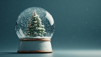 Vibrant photo of a magical winter wonderland snow globe with a festive christmas tree