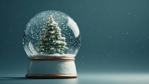 Vibrant photo of a magical winter wonderland snow globe with a festive christmas tree