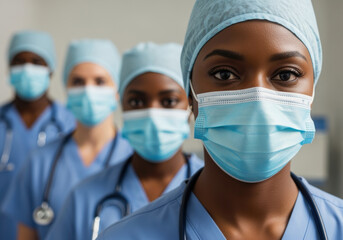 Confident healthcare workers wearing blue uniforms and protective face masks standing together in a hospital, focused on teamwork