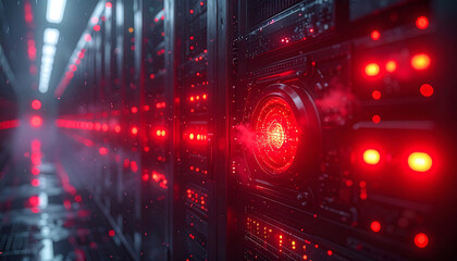 Red Data: A Futuristic Data Center illuminated by the eerie glow of a network of red lights, showcasing the complexity of data processing and technological advancement.