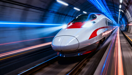 Fototapeta premium Modern high speed train racing through illuminated underground tunnel with motion blur and futuristic technology design