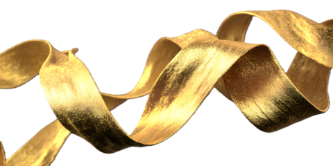A shimmering gold ribbon twisted into elegant curves, isolated on transparent background