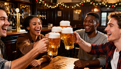 Friends celebrating together with beer in a festive bar, enjoying drinks and laughter during a cheerful evening gathering