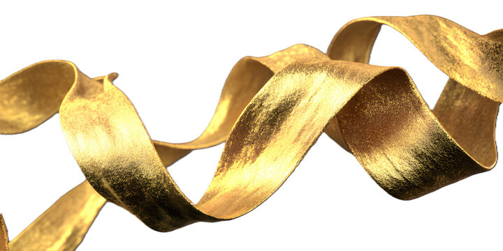 A shimmering gold ribbon twisted into elegant curves, isolated on transparent background
