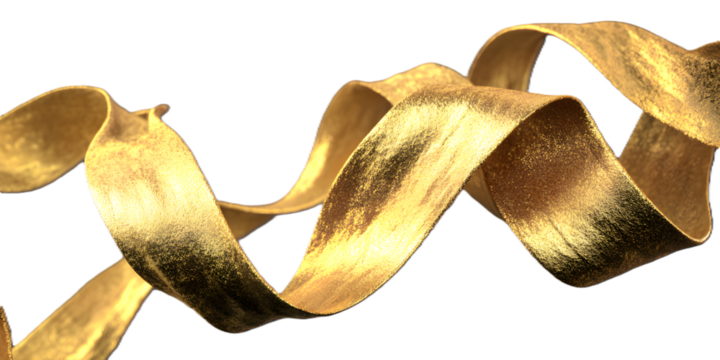 A shimmering gold ribbon twisted into elegant curves, isolated on transparent background