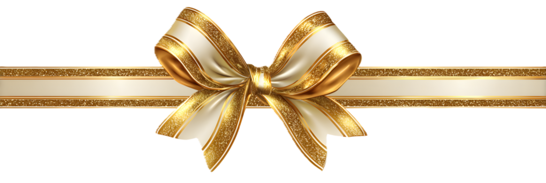 A classic gold and white ribbon tied into a perfect bow, isolated on transparent background
