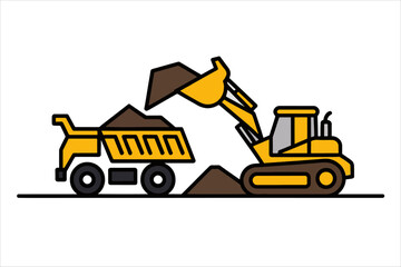 Naklejka premium A bulldozer is loading soil into the truck line icon