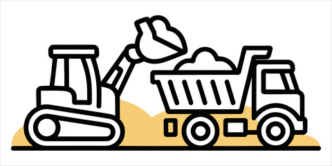 Naklejka premium A bulldozer is loading soil into the truck line icon