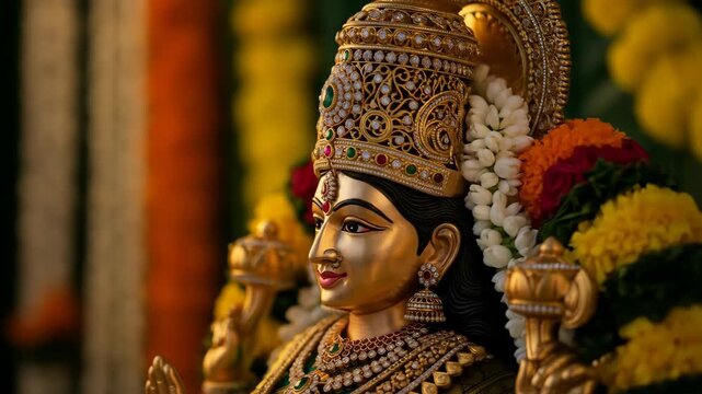 Radiant Goddess Lakshmi Idol Adorned for Diwali Festival Celebrations with Traditional Jewelry and Floral Decorations, A Symbol of Prosperity