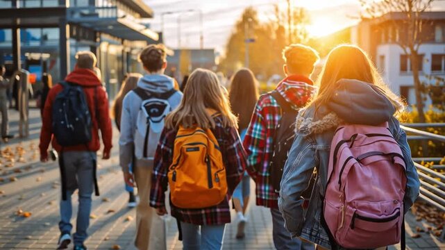 Groups of students walk down the school pathway after classes, enjoying the warm sunset and colorful autumn leaves. They carry backpacks and chat happily as they head home.