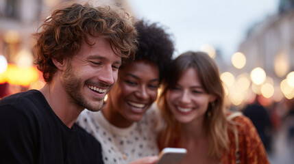 Three young, diverse friends laugh and look at a smartphone in a vibrant city setting. Represents connection, joy, technology, and modern lifestyles.