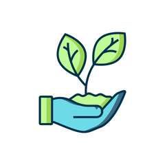 Filled outline Hand hold a leaf of the plant icon isolated on white background. Care nature. Leaf shoots with environmental protection. Flat filled outline style with shadow. Vector