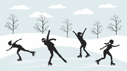 Happy Women Ice Skating Outdoors Winter Sports Recreation Active Lifestyle Silhouette Illustration Seasonal Fun