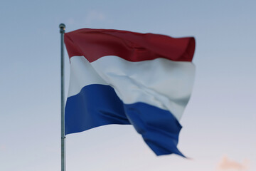National flag of Netherlands waving in the wind against a clear sky, symbolizing patriotism,...