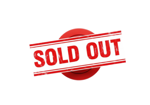 Red rubber stamp with distressed "SOLD OUT" text, horizontal lines, textured, centered on transparent background with copy space, concept of sales completion