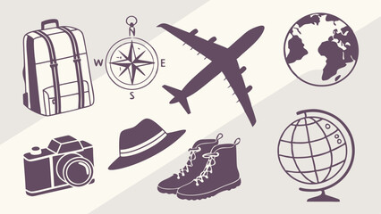 Vintage Travel Icons Set Hand Drawn Adventure Symbols Backpack Airplane Globe Compass Camera Boots for Tourism Marketing