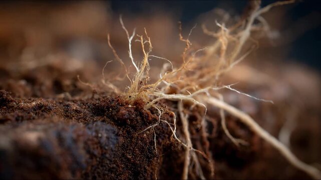 A close-up of delicate root structures emerging from rich, dark soil, symbolizing growth, resilience, and the deep connection of nature's network beneath the surface.
