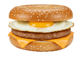 Delicious bagel breakfast sandwich with egg, sausage, and cheese isolated, a tasty and satisfying morning meal on a transparent background