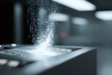 Futuristic, abstract depiction of data processing. Binary code streams to a device, conveying digital transformation. Ideal for tech, AI, and innovative solutions visuals.