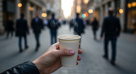 Man enjoying coffee at a cafe and on the street surrounded by people and city life