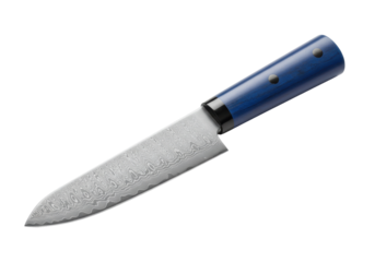Damascus steel chef knife with blue handle isolated on white, professional kitchen utensil for cooking and food preparation