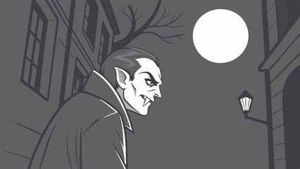 Predatory Vampire Monster Stalking Dark City Street Under Full Moon Grayscale Illustration for Horror Genre Marketing and Halloween Web Design