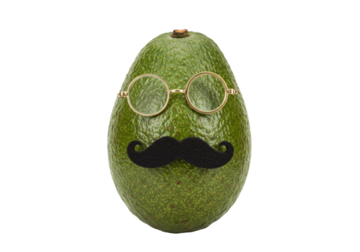 Funny avocado with glasses and mustache isolated on transparent background, creative food concept for humor and healthy eating