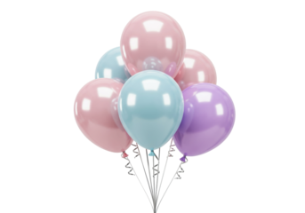 Pastel balloons isolated on transparent background, bunch of pink, blue, and purple balloons for party decorations and birthday celebrations