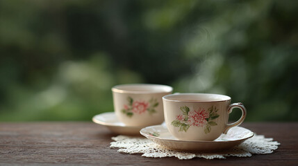 Fototapeta premium Elegant tea cups with floral patterns on a dark wooden surface, evoking feelings of serenity and warmth. Ideal for themes of friendship, leisure, and afternoon relaxation.