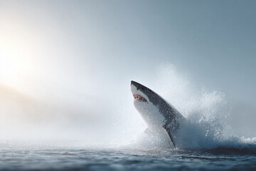 Naklejka premium A great white breaches the surface, powerful and aweinspiring, teeth bared against a soft sky. Symbolizes strength, nature, and wildness. Perfect for impactful designs.