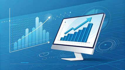 Computer monitor showing business growth chart on blue background

