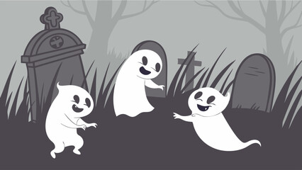 Naklejka premium Playful Cartoon Ghosts Dancing In A Spooky Graveyard Illustration Happy Spirits For Halloween Party Design October Seasonal Web Graphics