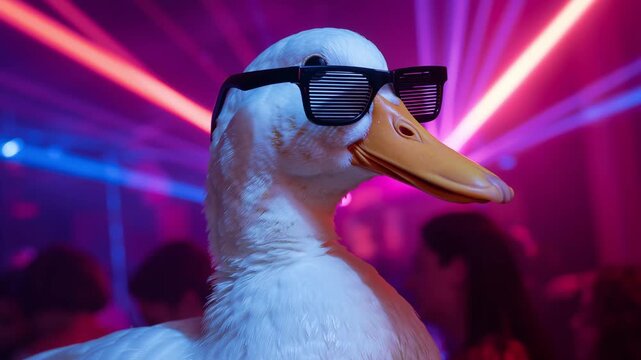 A white duck wearing shutter sunglasses poses in a neon club environment with vibrant laser beams and a blurred party crowd, evoking playful surrealism and quirky nightlife charm.