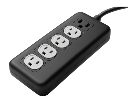 Surge protector with child-safe outlet covers for family room safety.