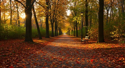 Autumn forest path covered with colorful leaves in a peaceful park