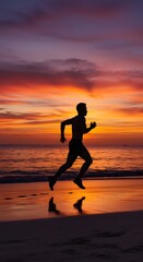 Silhouette of a determined runner sprinting along a wet beach at sunset with vibrant orange and purple sky reflecting on the water