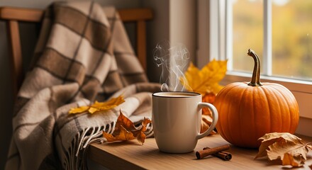 Halloween pumpkin still life with coffee cup on a wooden table