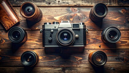 Vintage camera surrounded by multiple lenses on a rustic wooden table, capturing the essence of photography