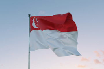National flag of Singapore waving in the wind against a clear sky, symbolizing patriotism,...