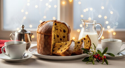 Traditional Panettone Slices with Coffee and Milk for a Bright Holiday Brunch