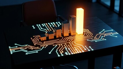 Digital bar chart with glowing circuit board lines representing business growth and technological innovation, footage