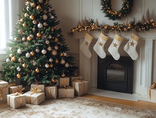 Christmas tree decorated with gold and silver ornaments in front of fireplace, old white rug with beige gift boxes, star-patterned cotton stockings on wall, and wooden branch wreath with lights. Warm 