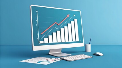 Computer monitor showing business growth chart on blue background
